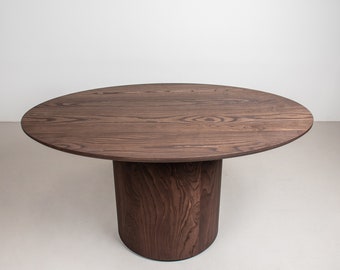 Oval Oak Espresso Wood Dining Table, Pedestal Base