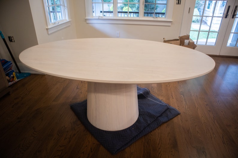 White Oval Table on Wood Cylinder Base White Wash Wood Dining Etsy