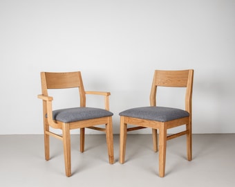 Solid Oak Dining Chair with Upholstered Seat, Wood Armchair