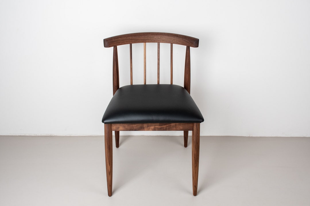 Walnut Dining Chair With Black Leather Cushion, Mid Century Modern