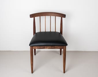 Walnut Dining Chair with Black Leather Cushion, Mid Century Modern Dining Chairs with Spindles, Black Walnut Chair, Upholstered Dining Chair