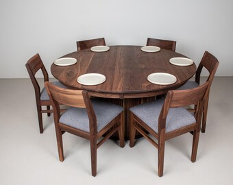 Expandable Walnut Round Dining Table, Pedestal Base, with Leaf