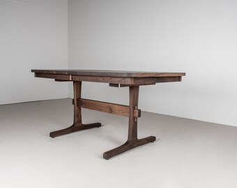 Dining Table with Leaves, Extendable Walnut Dining Table on Trestle Base, Blackened Walnut Farmhouse Table