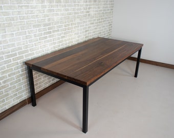 Solid Wood Table Top, Walnut Dining Table on Steel Parsons Base, Kitchen Dining Table in Walnut and Steel