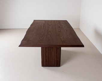 Custom Dining Table, Raw Edge Table on Fluted Pedestal Base, Live Edge Table in Ash