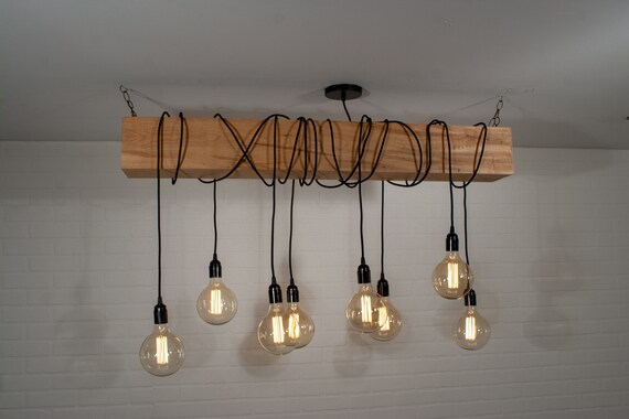 Natural Wood Beam Chandelier Ceiling Lighting Fixture With 8 Edison Bulb Pendant Lights Custom Edison Light