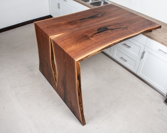 Custom Black Walnut Waterfall Table, Bar Height Kitchen Island