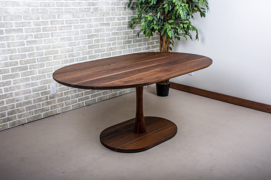 Walnut Dining Table Oval, Wood Pedestal Table for Banquette, Midcentury