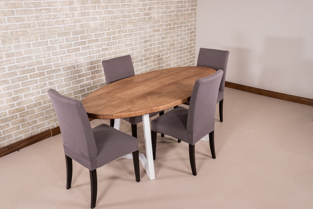 Oval Kitchen Table, Light Brown Wood Table on White Steel Legs ...