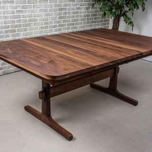 Walnut Extendable Dining Table, Expandable Farmhouse Kitchen Table with Leaves, Farmhouse Wood Kitchen Table on Pedestal Base