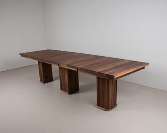 Walnut Extendable Dining Table, Mid Century Modern Reeded Pedestal