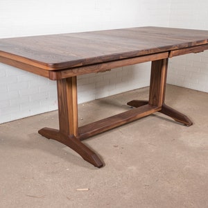 Farmhouse Dining Table Extendable, Walnut Expandable Table on Wood Trestle Base, Traditional Wood Dining Table with Leaves