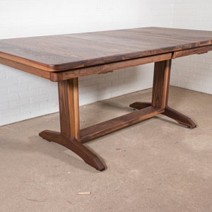 Farmhouse Style Dining Table Extendable, Walnut Trestle Base Expandable Table, Wood Table with Self Storing Leaves, Expandable Dining Table