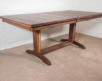 Walnut Expandable Dining Table, Farmhouse Trestle Base, Self Storing Leaves