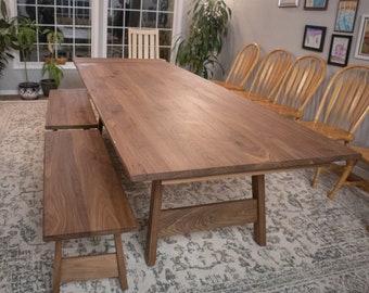 Long Dining Table with Leaves, Walnut Extendable Table with Benches, Extension Table on Walnut H Legs