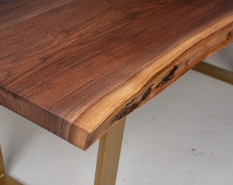 Dining Table Live Edge, Modern Farmhouse Kitchen Table, Live Edge Walnut Dining Table on Gold Steel Legs