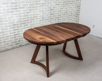 Oval Table With Leaves, Mid Century Extendable Walnut Table, Oval Center Extension Walnut Dining Table on Curved Legs