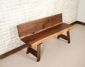 Wood Bench with Back, Live Edge Bench with Low Back, Dining Bench with Back Rest, Live Edge Walnut Bench, Walnut Bench Seat with Backrest