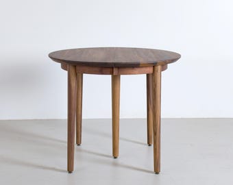 Mid Century Modern Round Walnut Extendable Dining Table