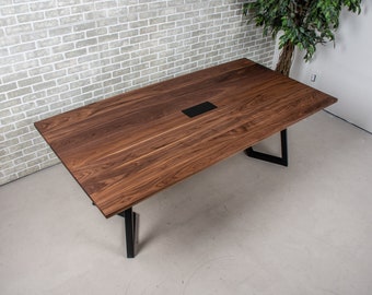 Wood Meeting Table, Walnut Boardroom Table with Grommet Cut Out, Custom Conference Table Made With Walnut Wood