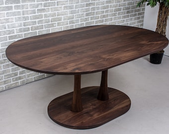 Small Walnut Oval Dining Table, Oval Pedestal Kitchen Table, Blackened Walnut Oval Table on Double Pedestal Base, Pedestal Dining Room Table