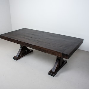 Modern Farmhouse Dining Table on Trestle Base, Expandable Rustic Farm Table, Extendable Kitchen Dining Table, Wood Trestle Dining Table