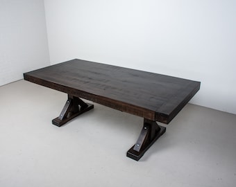 Modern Farmhouse Dining Table on Trestle Base, Expandable Rustic Farm Table, Extendable Kitchen Dining Table, Wood Trestle Dining Table
