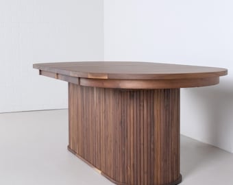 Extendable Oval Dining Table on 3 Piece Split Pedestal Base, Large Walnut Table for Hosting