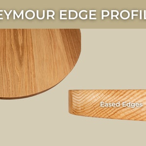 May include: Close-up of a wooden table top with a rounded edge. The edge is slightly eased, creating a smooth, rounded finish. The wood grain is visible and has a natural, light brown color.