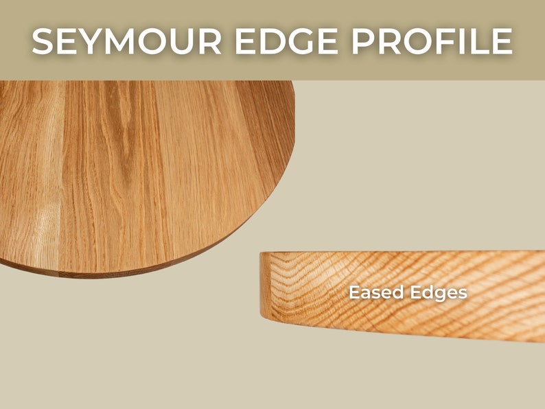 May include: Close-up of a wooden table top with a rounded edge. The edge is slightly eased, creating a smooth, rounded finish. The wood grain is visible and has a natural, light brown color.