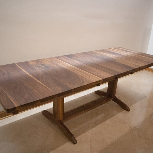 Farmhouse Dining Table Extendable, Walnut Expandable Table on Wood Trestle Base, Extending Trestle Dining Table with Leaves