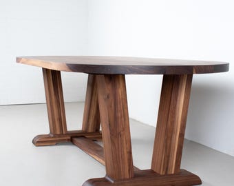 Walnut Modern Farmhouse Dining Table, 7 Foot Custom Oval Wood Trestle Table