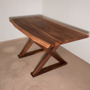 Farmhouse Dining Table, Rustic Live Edge Table, Live Edge Walnut Table with Walnut X Leg