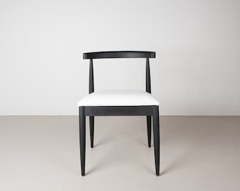 Modern Black Oak Dining Chair, White Faux Leather Seat