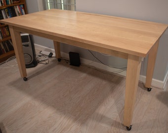 Wooden Table with Wheels, Rolling Crafting Table on Wheels, Counter Height Maple Parsons Table on Castors, Custom Art Table on Castors