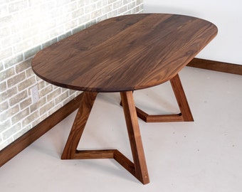 Modern Wood Dining Table, Walnut Oval Table on Wood Chevron Legs, Oval Wood Table for Kitchen or Dining Room