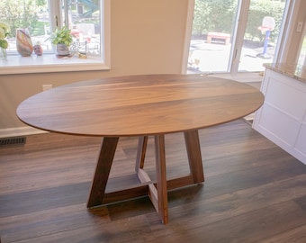 Modern Dining Table, MidCentury Modern Wood Table on Pedestal Base, Walnut Oval Dining Table with Sarita Edge