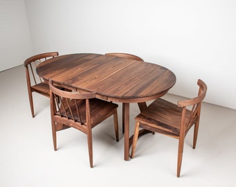 Walnut Dining Table and Chairs, Extendable Dining Table Set, Mid Century Modern Wood Table and Chairs Set