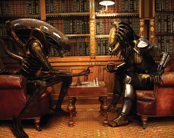 LARGE PRINT Alien vs. Predator / Alien Predator Playing Chess / Alien Predator Library / Ridley Scott Alien / Predator Movie / Alien Movie