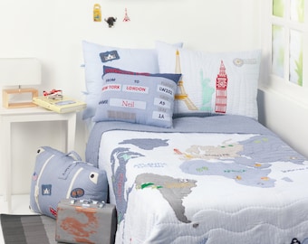 Around the World (blue) Kids' Bedding Set | Kid Room Decor| World Map Explorer Adventurer Boys Bedding - Free Personalization