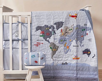 My World Baby Toddler Quilt | Blue Red Nursery Bedding - Free Personalization