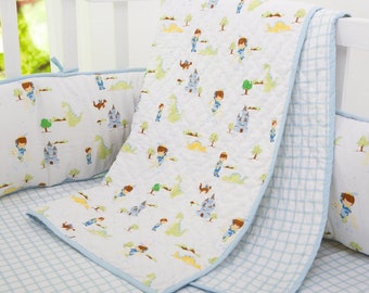 Adventures of a Prince Organic Cotton Baby/Toddler Quilt / Baby Boy / Prince Dragons Plaid Nursery Crib Baby Bedding - Personalización gratuita