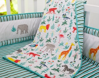 Serengeti Organic Cotton Baby/Toddler Quilt / Gender Neutral Green Yellow Orange Nursery Crib Baby Bedding - Personalización gratuita