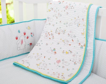 Snuggle Bunny Organic Cotton Baby/Toddler Quilt | Gender Neutral Woodland Aqua Red Green Nursery Crib Baby Bedding - Free Personalization