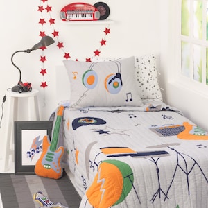 Rockstar Kids&#39; Bedding Set | Kid Room Decor| Rock N&#39; Roll Guitar Drums Music Boys Bedding - Free Personalization