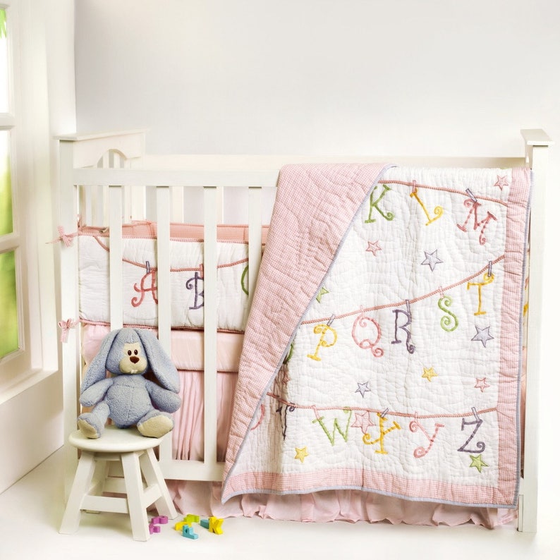 Now I Know My Abcs Personalized Bedding Set Baby Girl Ivory Pink Gingham Alphabet Crib Nursery Free Personalization