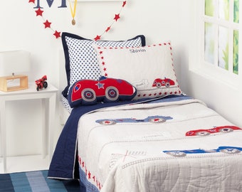 Vrooooom! Racecar Kids' Bedding Set | Kid Room Decor|  Transport Car Racing Boys Bedding - Free Personalization