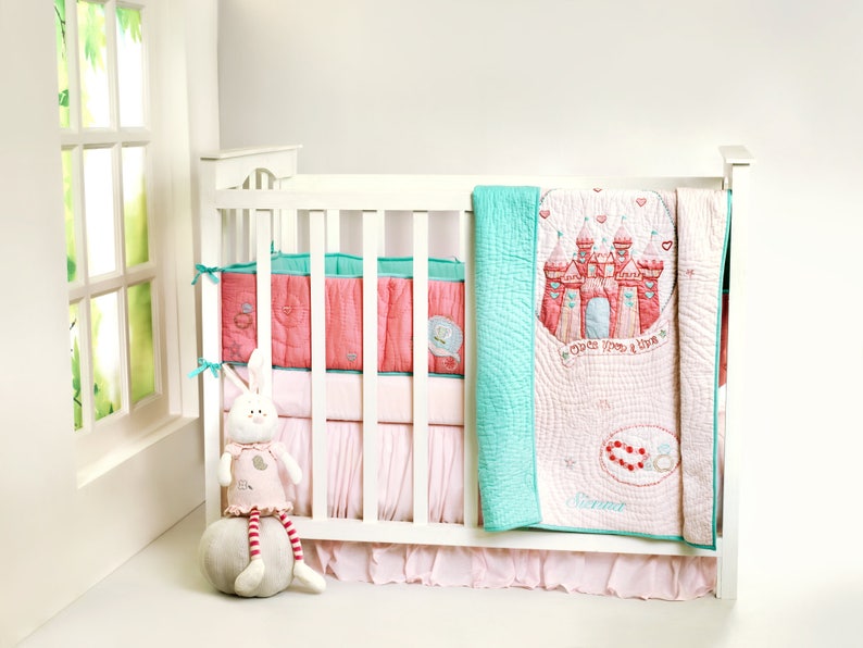 Once Upon A Time Princess Personalized Bedding Set Baby Girl Pink Aqua Fairytale Crib Nursery Free Personalization