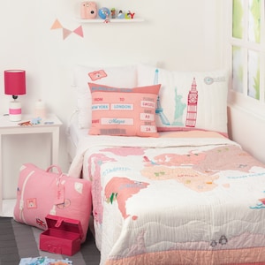 Around the World (pink) Kids&#39; Bedding Set | Kid Room Decor| World Map Explorer Adventurer Girls Bedding - Free Personalization