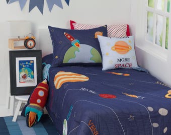 3..2..1..Blast Off! Kids' Bedding Set | Kid Room Decor|  Solar System Rocket Spaceship Kid Room Boy Bedding- Free Personalization